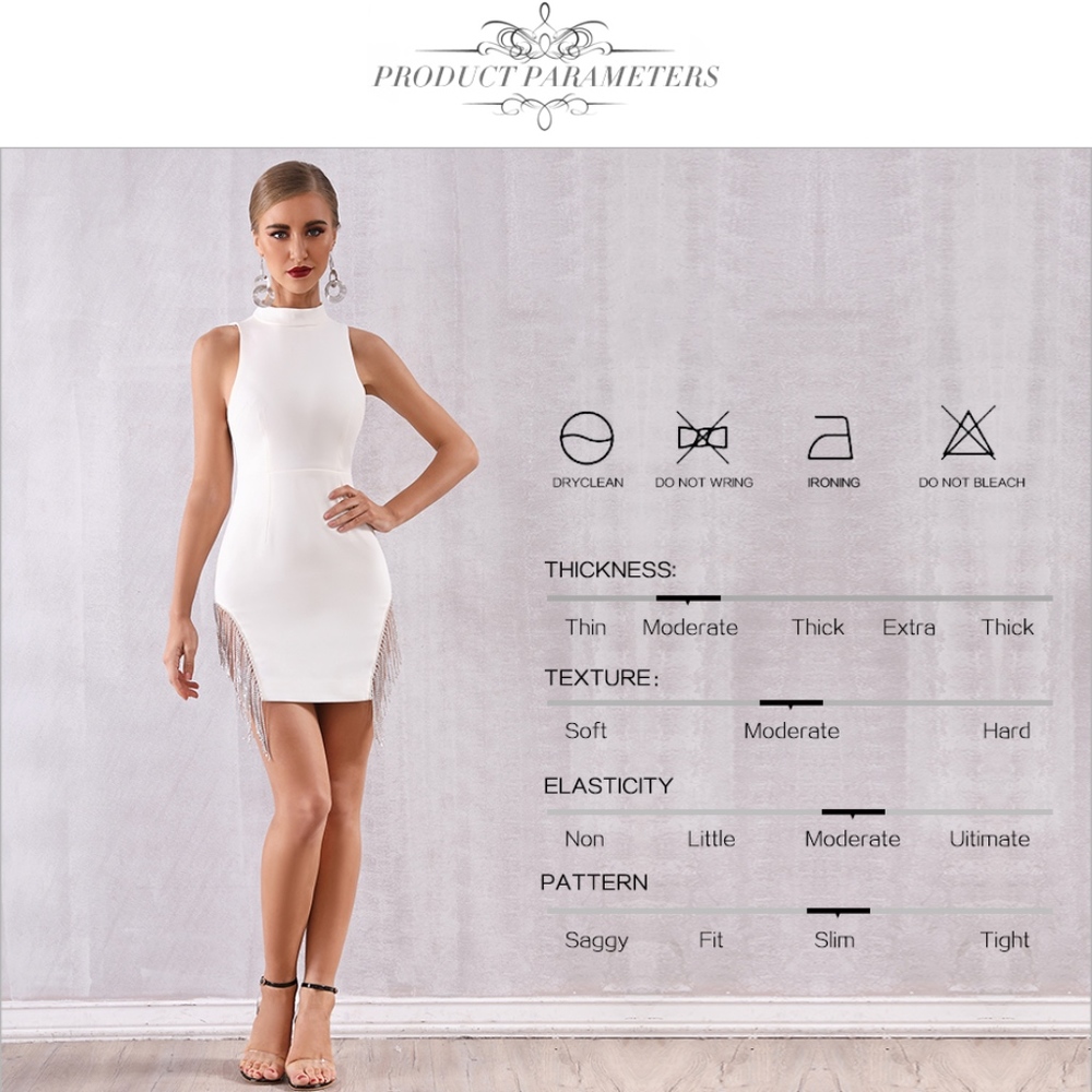 Rhinestone Fringe Detail High Neck White Dress - Picture 7 of 16